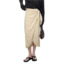 Women Irregular Hem Side Tie Casual Skirt Apricot S