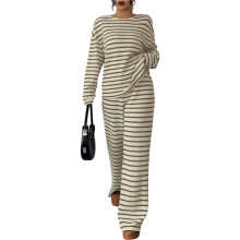 Women'S Striped Crew Neck Long Sleeve Top & Pants Two-Piece Set Apricot S