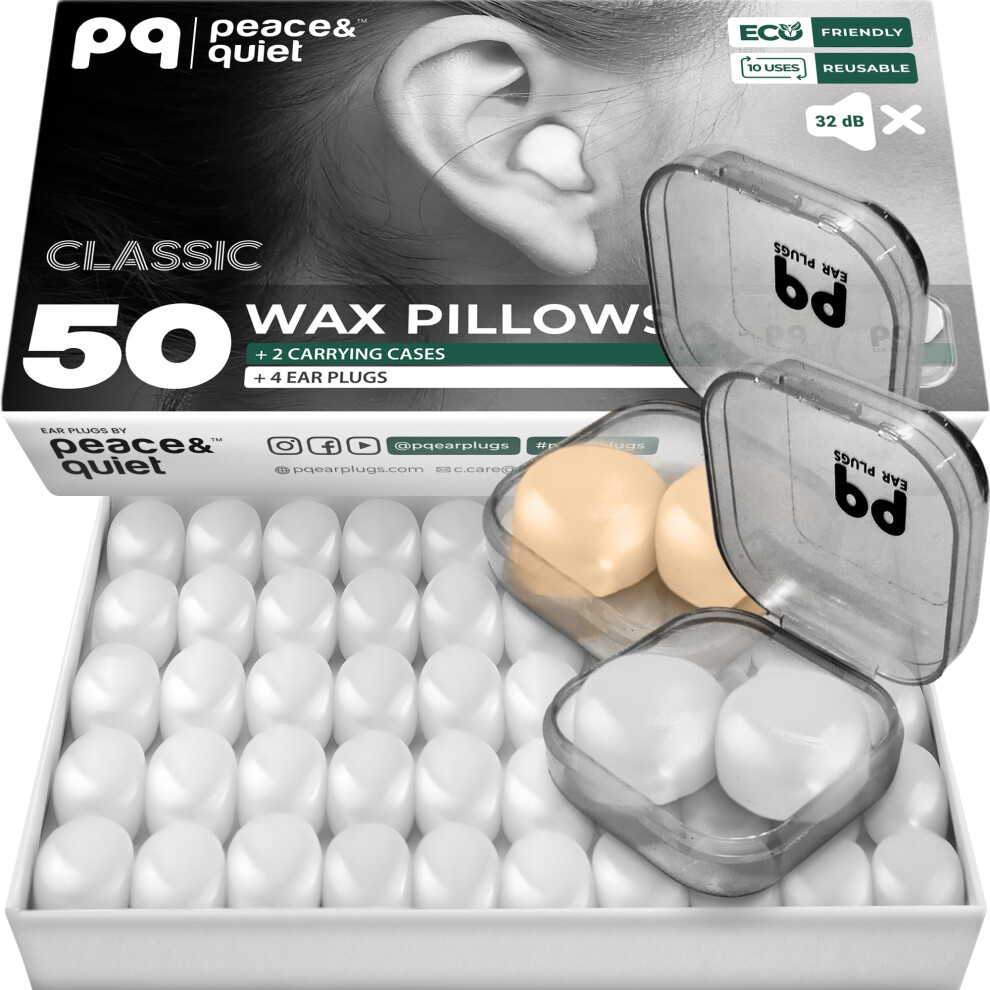 Peace&Quiet Pq Wax Ear Plugs For Sleeping, Swimming - 50 Noise Cancelling Silicone Gel Wax Earplugs, Ear Protection For Sleep And Swim, Soft Wax Pillows With Soun