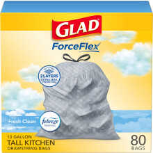 Sacs à ordures Glad ForceFlex, 13 gallons, Clean Fresh, 80 pièces (l'emballage peut varier)