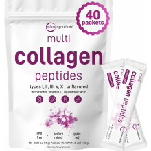 Multi Collageen Peptiden, 40 Verpakkingen | Gehydrolyseerd Eiwit Poeder | Type I, II, III, V, X met Hyaluronzuur, Biotine & Vitamine C