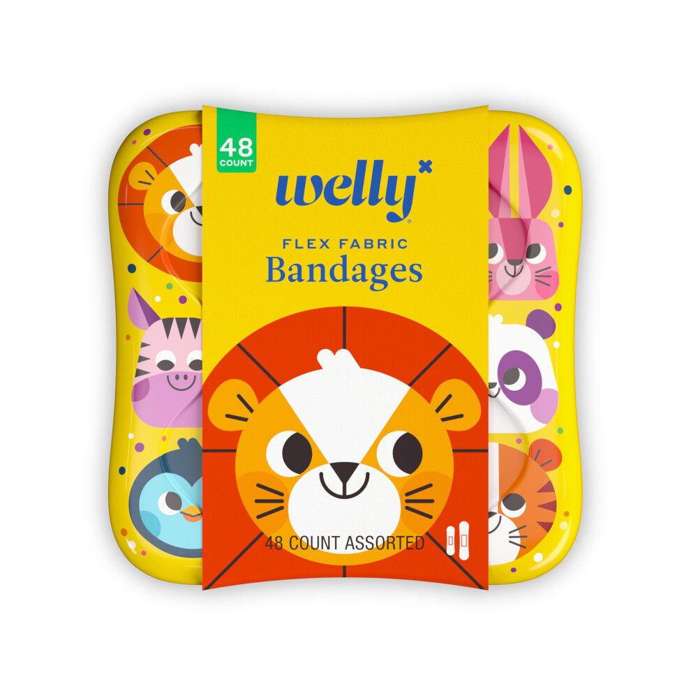Welly Bandages | Adhesive Flexible Fabric Bravery Badges | Assorted Shapes For Minor Cuts, Scrapes, And Wounds | Colorful And Fun First Aid Tin | Zoo