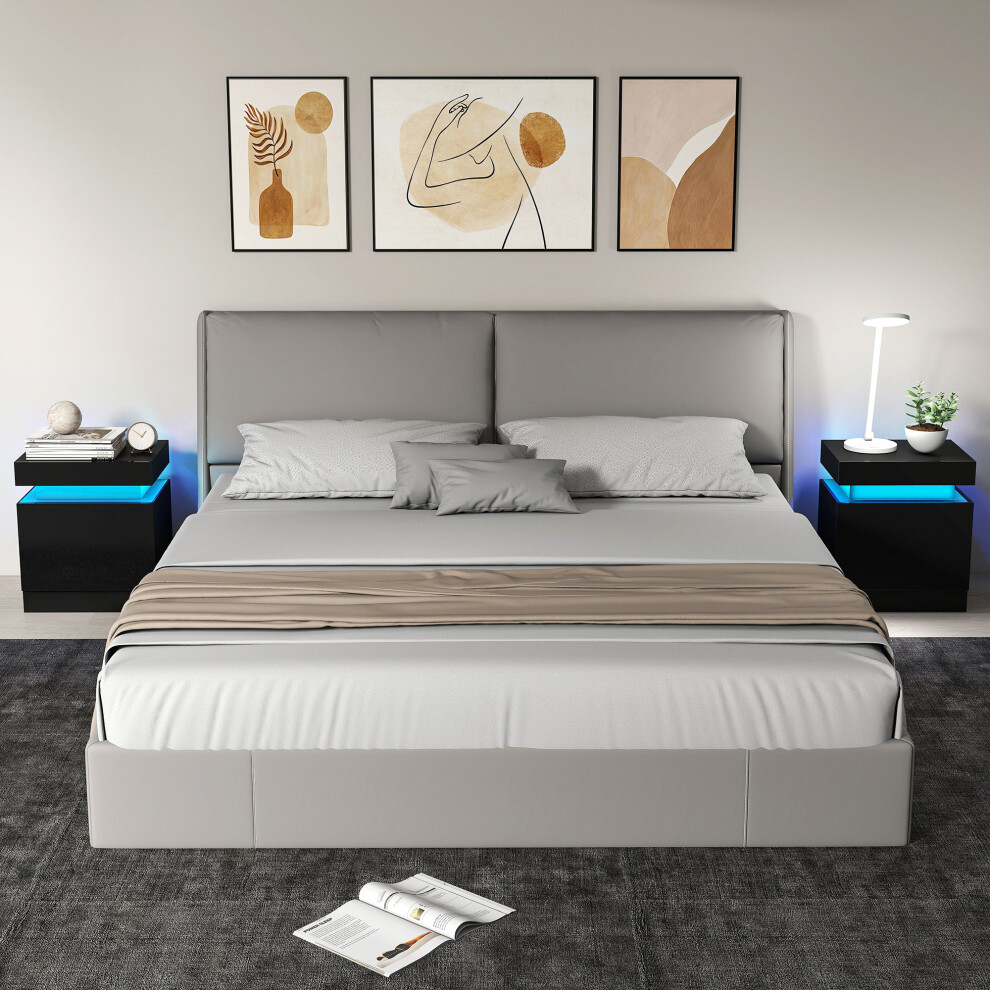 Homcom High Gloss Bedside Table With Led Light & 2 Drawers, Set Of 2, Black