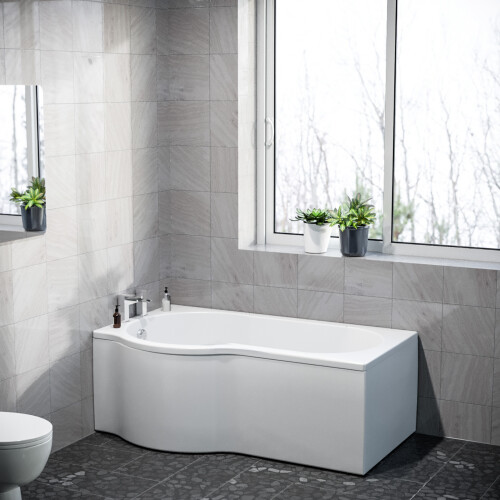 NES Home P Shaped Left Hand 1500mm Curved Shower Bath Acrylic & Front Panel