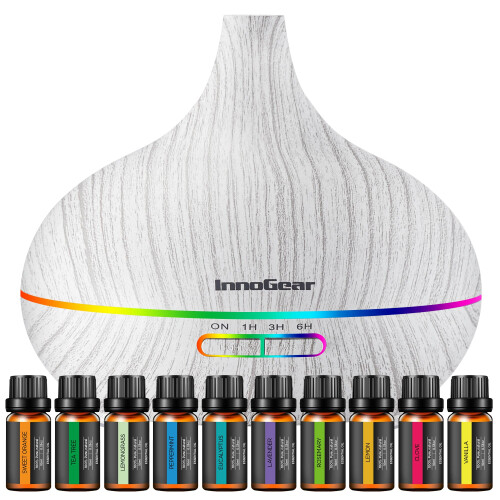 InnoGear Aromaterapi Diffuser & 10 Essential Oils Set, 400ml Ultraljud Diffuser med 4 Timers 7 Färger