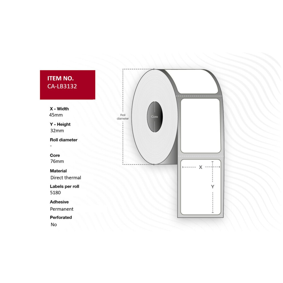 Capture Label 45 X 32Mm Core 76Mm Direct Thermal Coated Permanent No Perforation 5180 Labels Per Roll 10 Rolls Per Box. 5715063221013