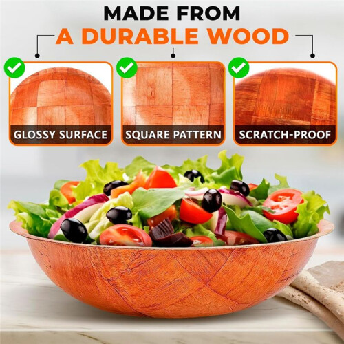 6 Peças de Tigelas de Salada de Madeira de 8 Polegadas com Design de Padrão Quadrado para Alimentos, Frutas, Entretenimento e Decoração 2