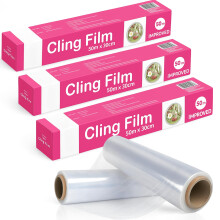 BLISSMART Cling Film Refill & Dispenser 3pk (30cm clingfilm x 50m Each) Catering Cling Film Cutter Microwave-Safe Clingfilm Refill