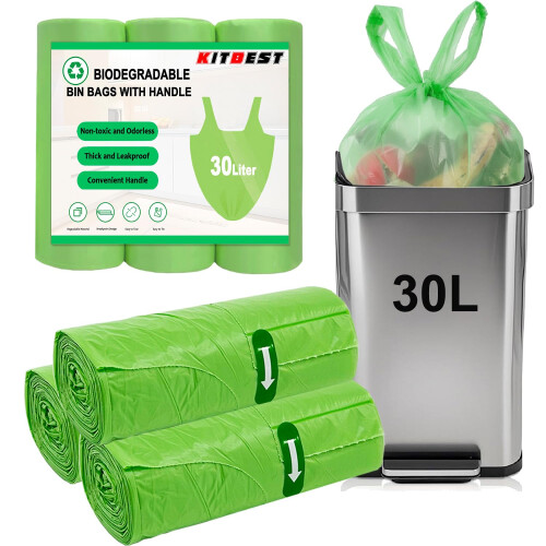 KITBEST Biodegradable Bin Liners 30L Tie Handle, Strong Compostable
