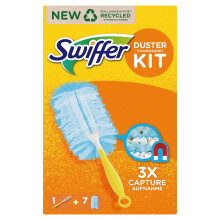 Swiffer Dust Magnet kit with 1 Handle and 7 Refill Cloths, absorbs dust and Closes it