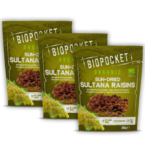 Biopocket Organic Sultana Raisins, 3 x 500
