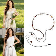 Stylish Adjustable Waistband Beaded Rope Belt Brown Retro Design Waist Cincher Coffee