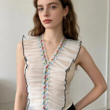 Rainbow Polkas Dot Embroidered V Neck Crosses Shawl Short Sleeveless Shirt Tops