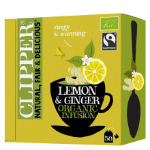 Clipper Organic Lemon and Ginger Tea Bags | Box of 50 Envelope String & Tag Teabags | Organic | Eco-Conscious, Fair Trade Tea | Natural, Unbleached
