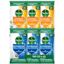 Dettol Big and Strong Kitchen and Bathroom Wipes, 150 Wipes (25 x 6pck), Disinfectant, Home Hygiene, Biodegradable, Kills 99.9 Percent of Germs