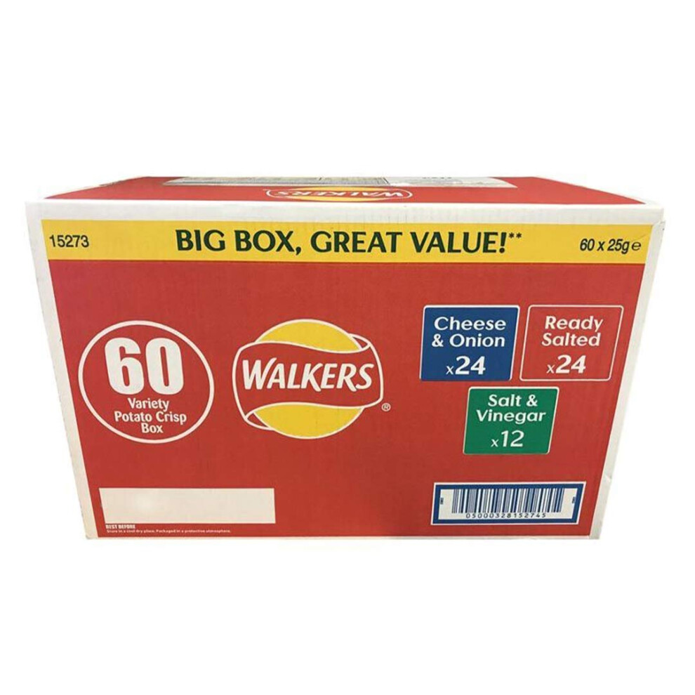 Walkers Crisps Multipack Mixed Flavour Variety Box (Ready Salted, Salt & Vinegar, Cheese & Onion) - 60 X 25G Selection Box