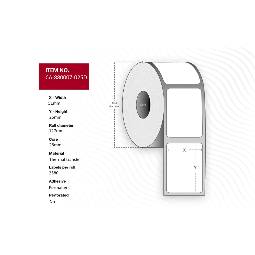 Capture Label 51 X 25Mm Core 25Mm Thermal Transfer Uncoated Permanent No Perforation 2580 Labels Per Roll 12 Rolls Per Box. Equal To P/N: 880007-025D 5715063119372
