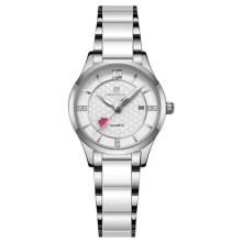 (Silver shell white surface, Silver shell) Ceramic Band Diamond Inlay Ladies Quartz Watch Single Calendar Waterproof Fashion Wristwatch