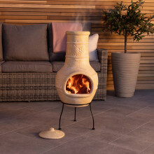 CHARLES BENTLEY Outdoor, Garden, Patio, Natural Clay Chimenea, BBQ Grill, with Flower Design, Rain Lid & Stand, Patio Heater, Easy To Assemble, Rustic