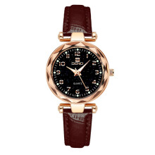 (Starry sky brown belt) Premium SENO Popular Starry Dial Ladies Quartz Watch, Fashion Waterproof Leather Strap Wristwatch