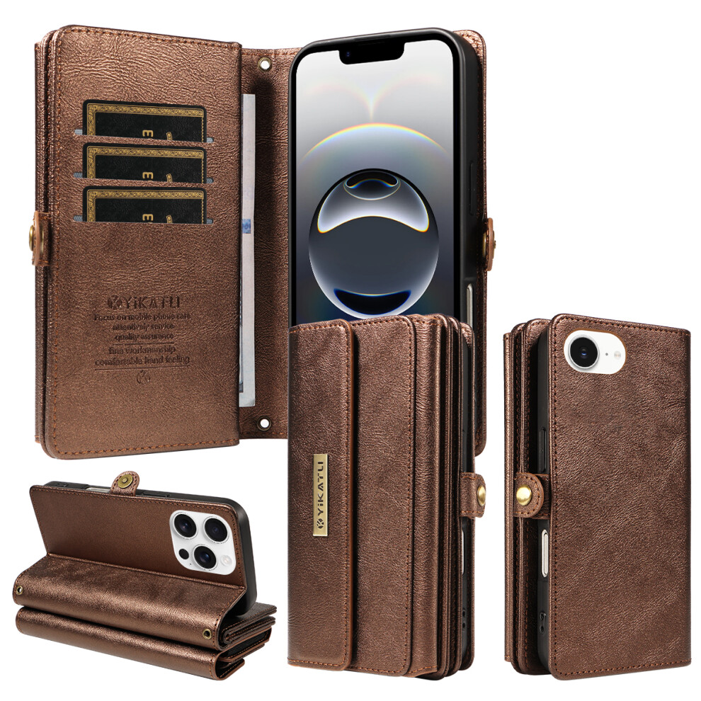 (Brown) Yikatu For Iphone 17E / 16E Case Yk-008 Zipper Wallet Leather Phone Cover With Shoulder Strap Brown 6914296939750