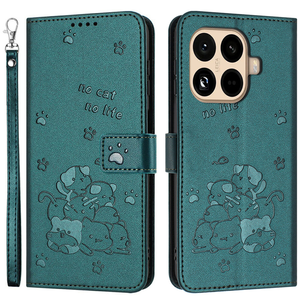 (Blackish ) For Xiaomi 15T Pro Wallet Case Cats Imprint Leather Phone Cover With Strap Green 6914293988539