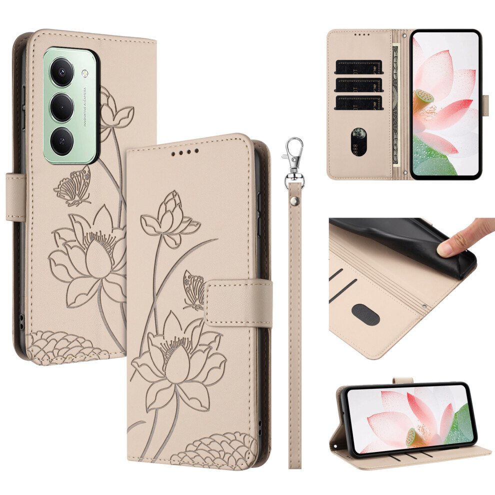 (Beige) For Xiaomi Redmi 15 5G (Global) (169Mm) / 15 4G (169Mm) Case Wallet Stand Lotus Imprint Leather Phone Cover With Wrist Cream 6914299608295