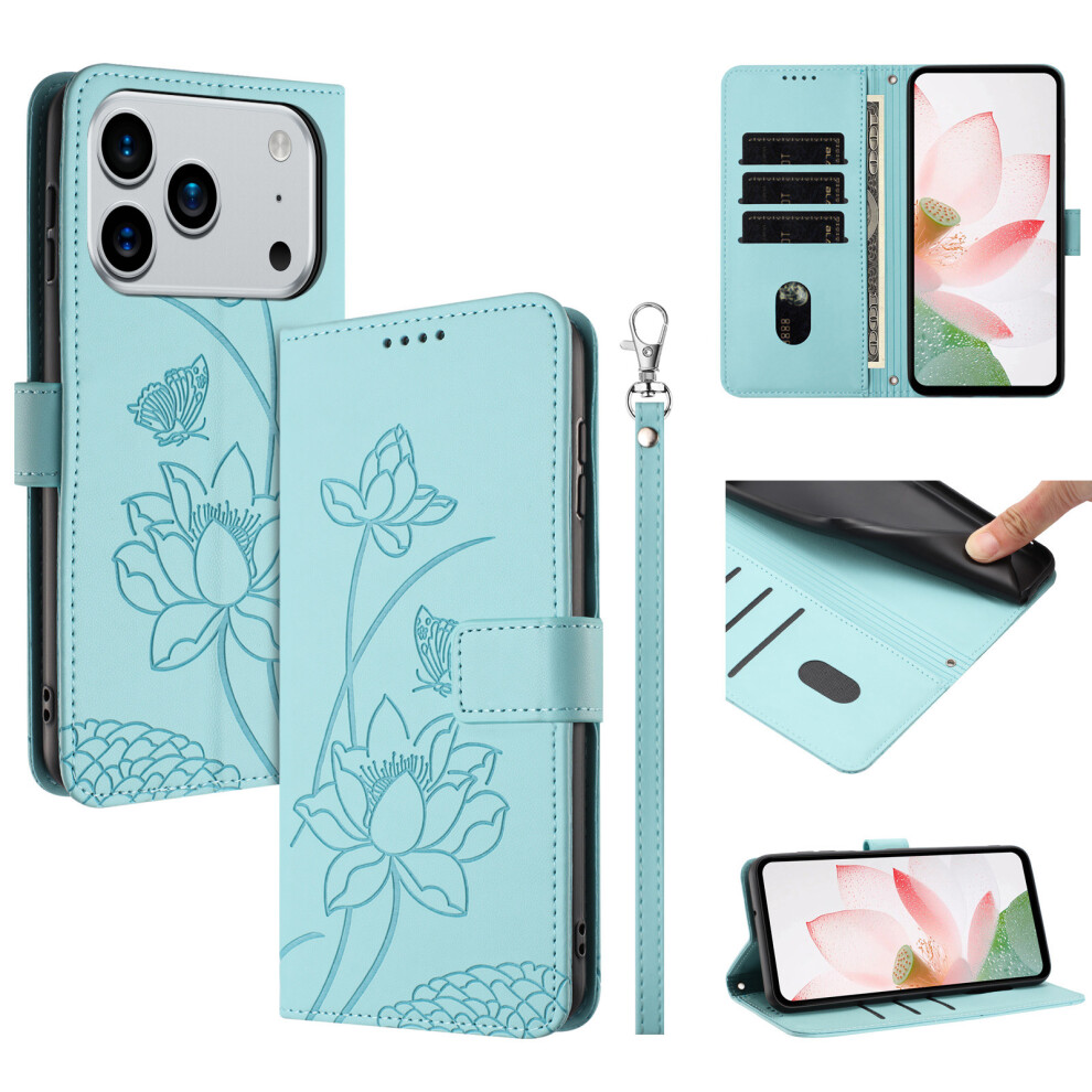 (Green) For Iphone 17 Pro Case Wallet Stand Lotus Imprint Leather Phone Cover With Wrist Strap Green 6914291354626