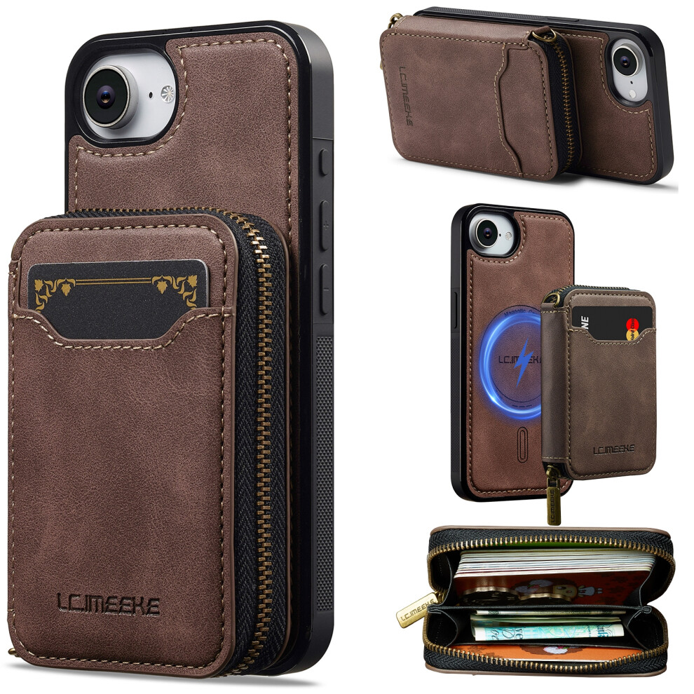 (Coffee) Lc.imeeke L6 For Iphone 17E / 16E Magnetic Case Detachable Zipper Wallet Leather Coated Pc + Tpu Phone Cover Brown 6914294655966