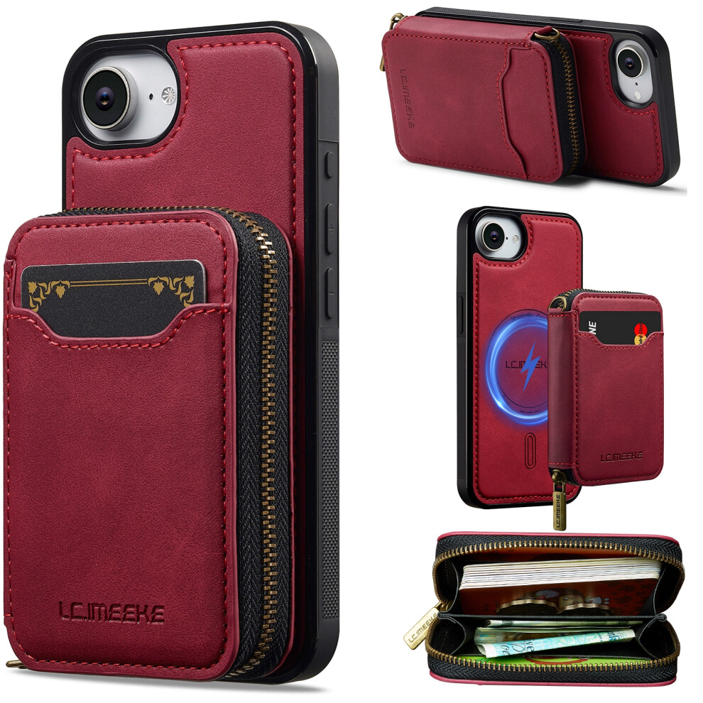 (Red) Lc.imeeke L6 For Iphone 17E / 16E Magnetic Case Detachable Zipper Wallet Leather Coated Pc + Tpu Phone Cover Red 6914294448759
