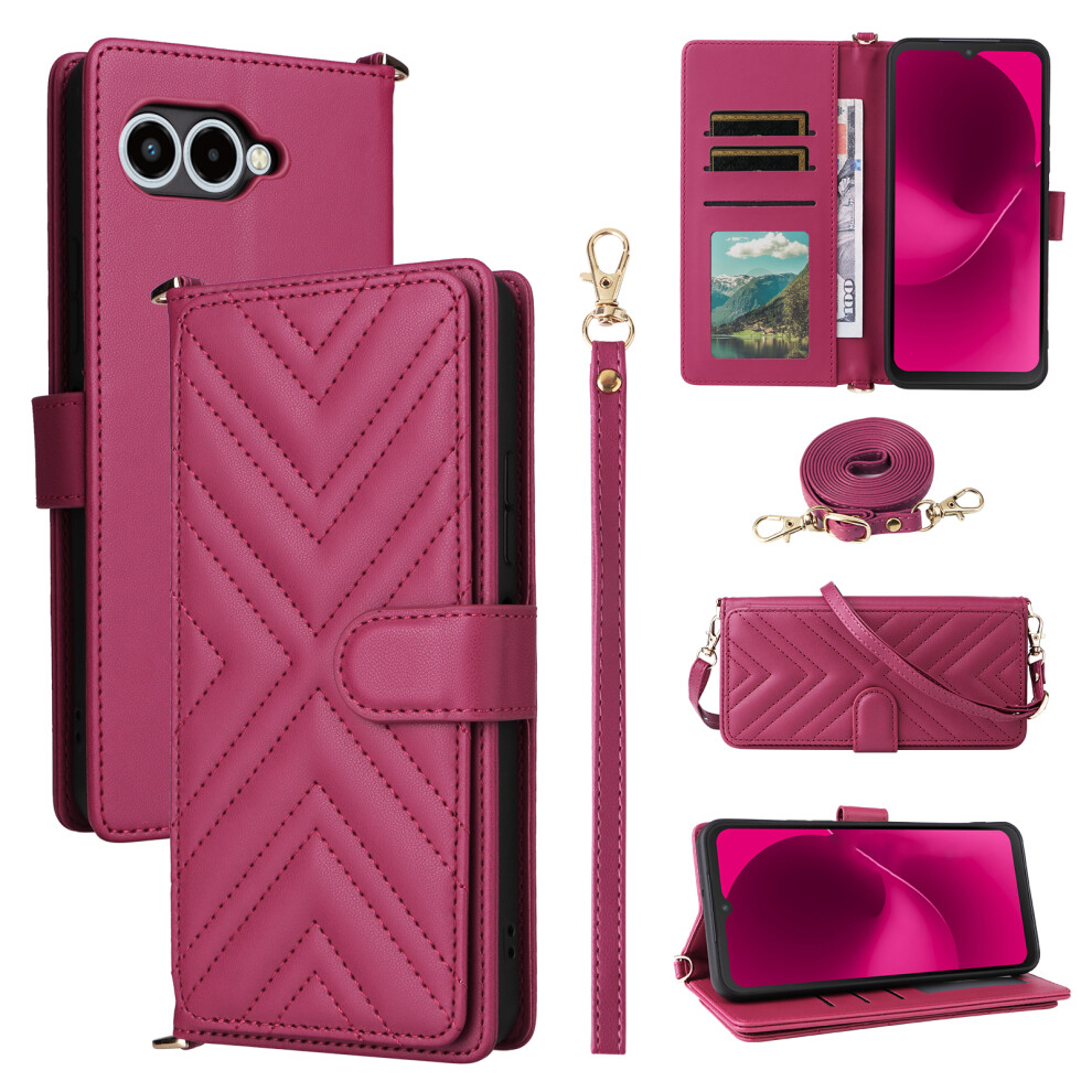 (Rose) For T-Mobile Revvl 8 / T Phone 3 Case With Shoulder / Wrist Strap Leather Phone Cover Stand Wallet 6914296528886