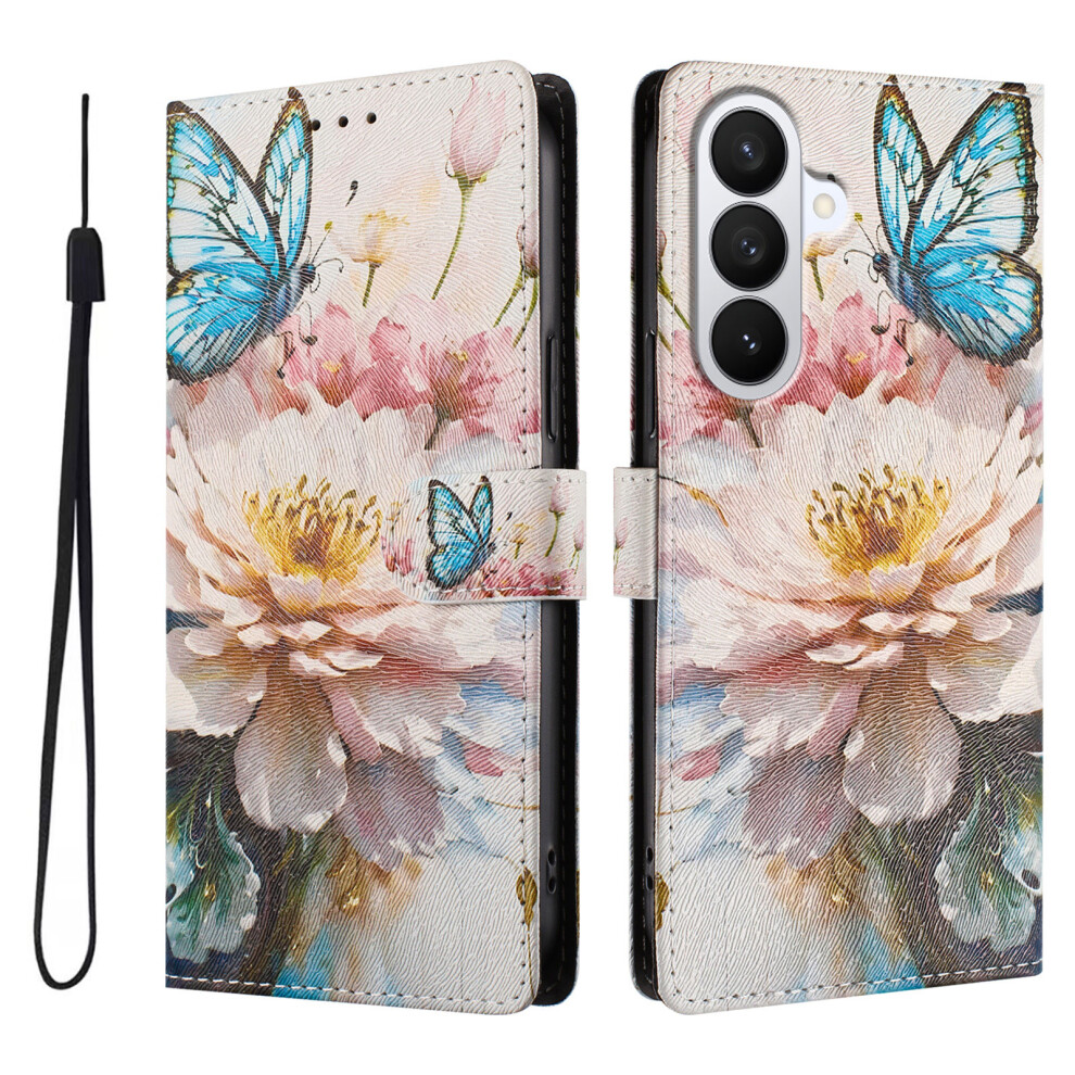 (Butterfly / Flower) For Samsung Galaxy S26 Case Pattern Print Pu Leather Wallet Phone Cover With Wrist Strap 6914294263383
