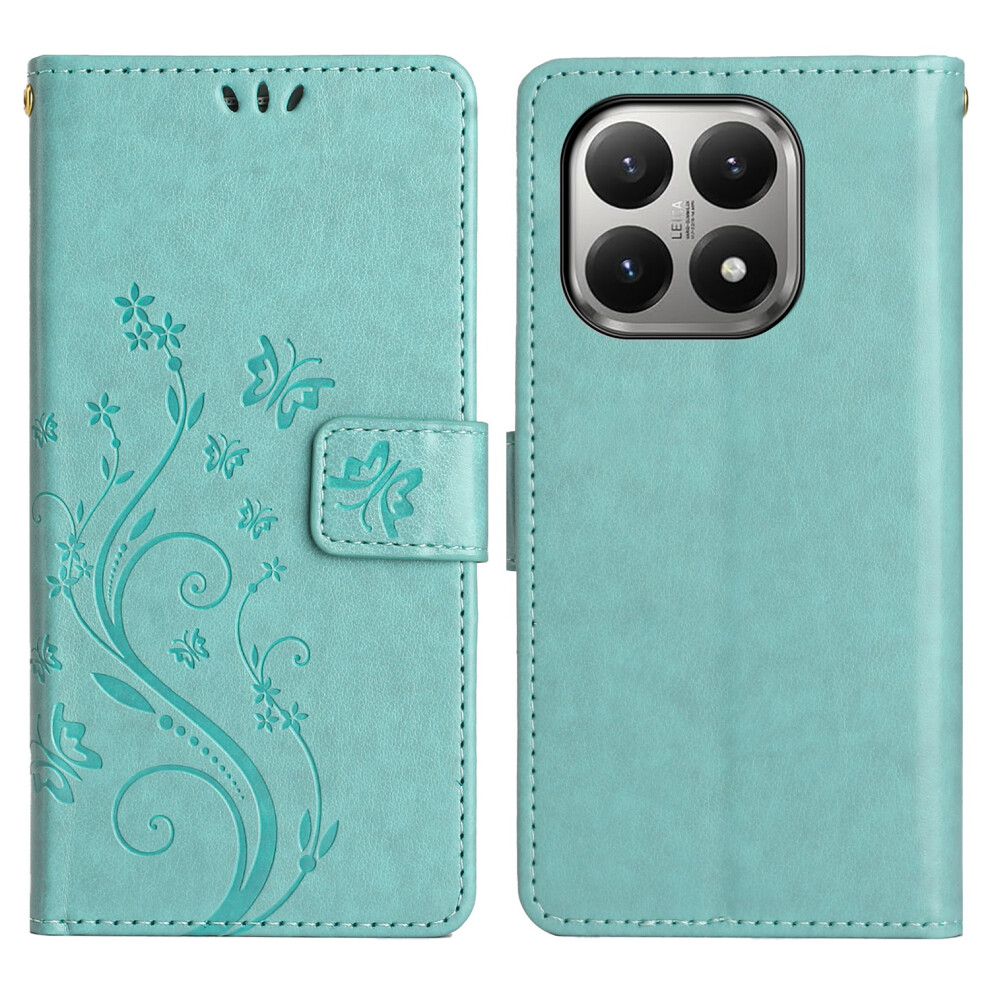 (Green) For Xiaomi 15T Leather Wallet Case Butterfly Flower Imprinted Phone Cover With Strap Green 6914295942003