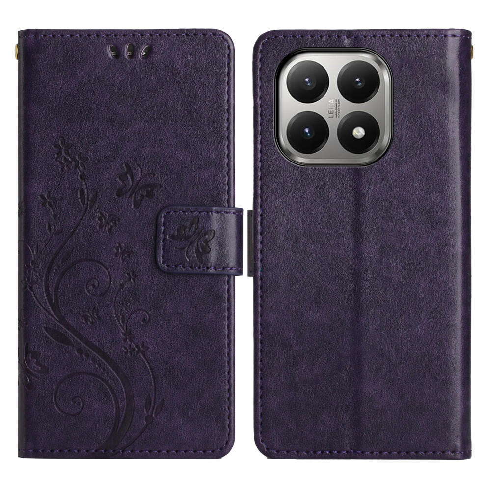(Dark ) For Xiaomi 15T Leather Wallet Case Butterfly Flower Imprinted Phone Cover With Strap Purple 6914298937549