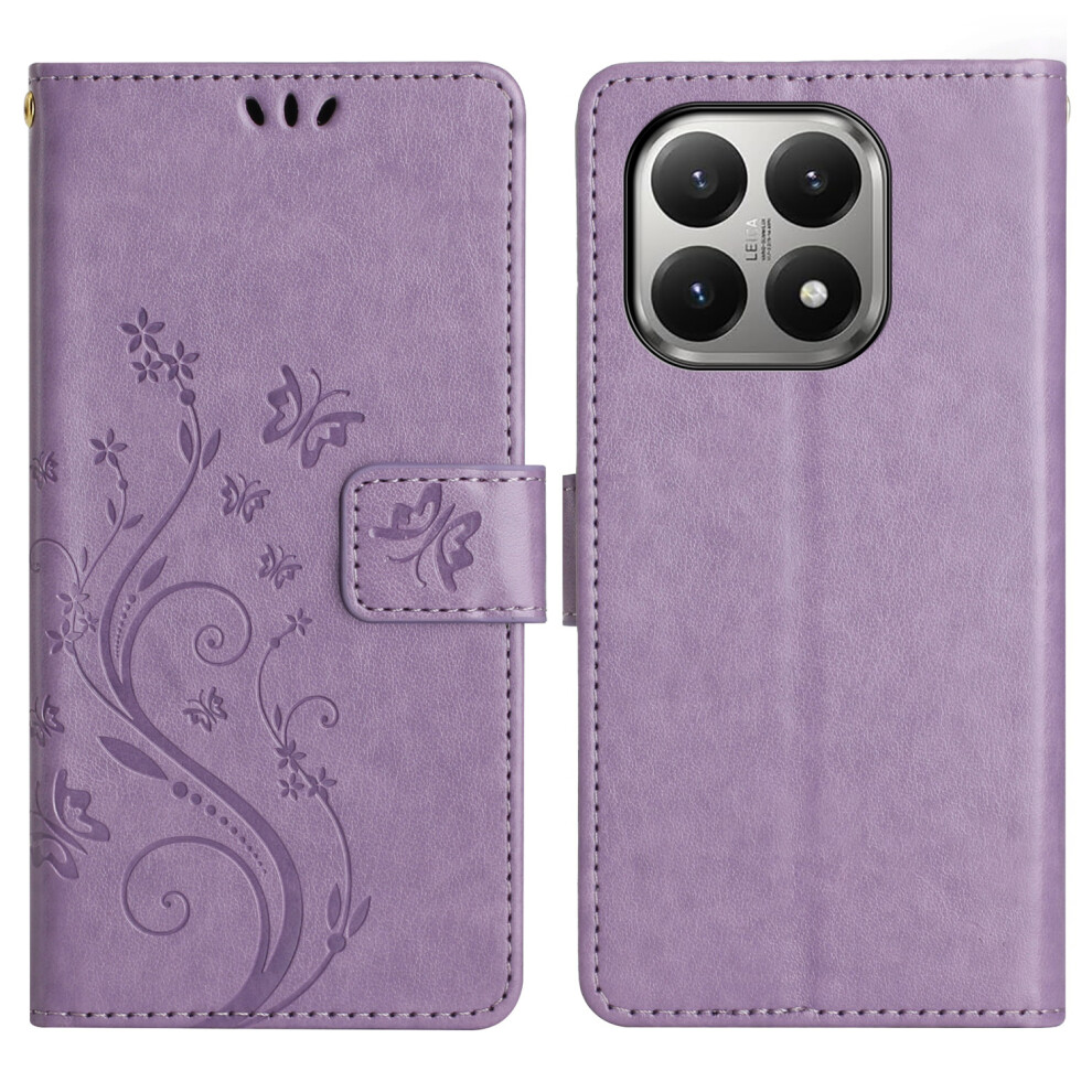 (Light ) For Xiaomi 15T Leather Wallet Case Butterfly Flower Imprinted Phone Cover With Strap Purple 6914295349499