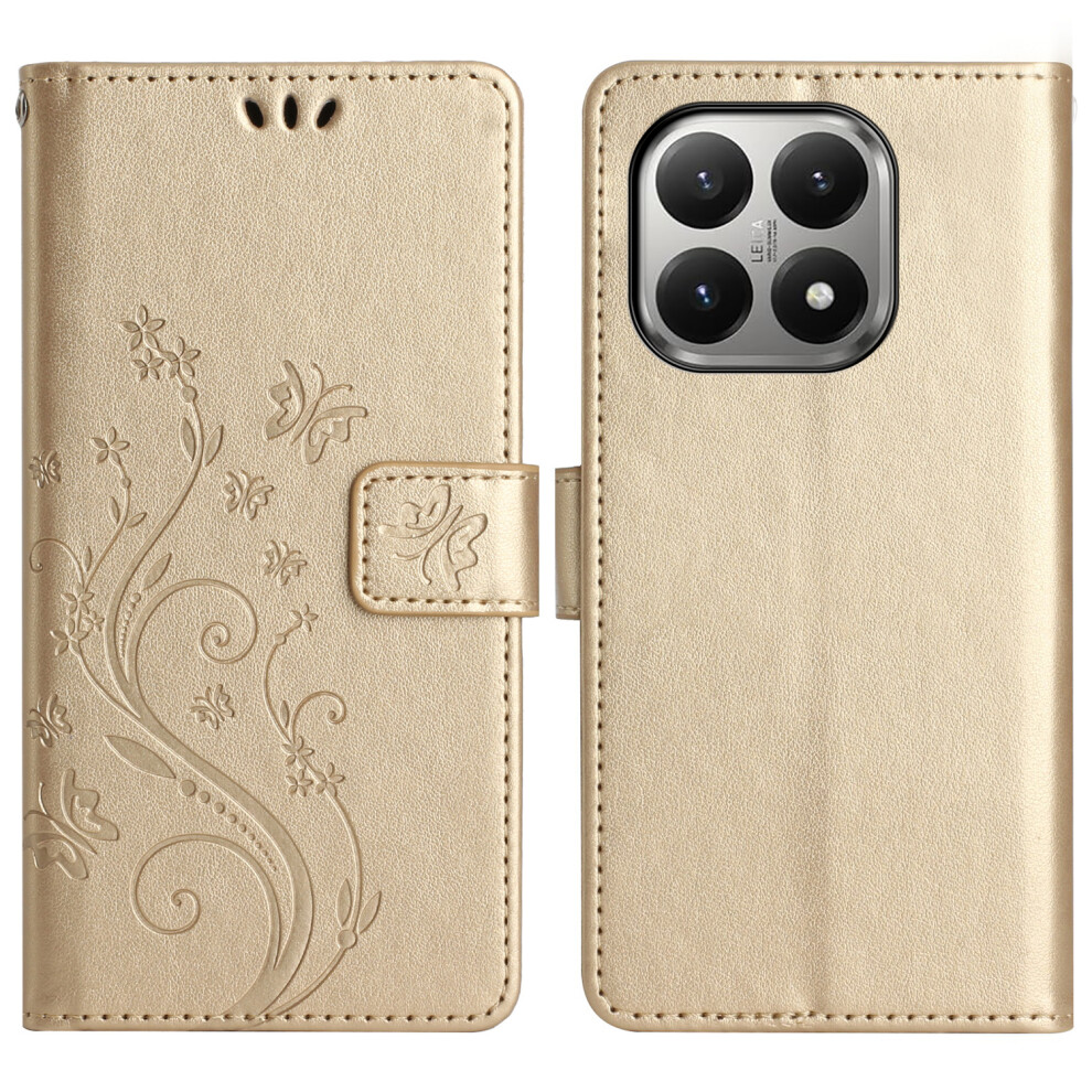 (Gold) For Xiaomi 15T Leather Wallet Case Butterfly Flower Imprinted Phone Cover With Strap Gold 6914299774693