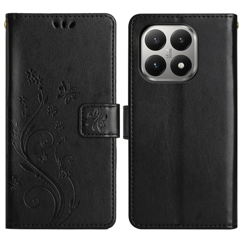 (Black) For Xiaomi 15T Leather Wallet Case Butterfly Flower Imprinted Phone Cover With Strap Black 6914297758251