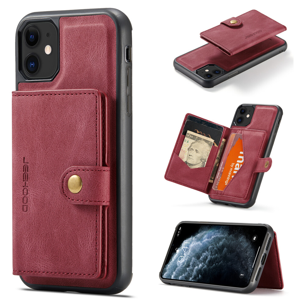 (Red) Jeehood For Iphone 11 Case J01 Retro Leather Phone Back Cover With Detachable Magnetic Card Holder Red 6914299199328