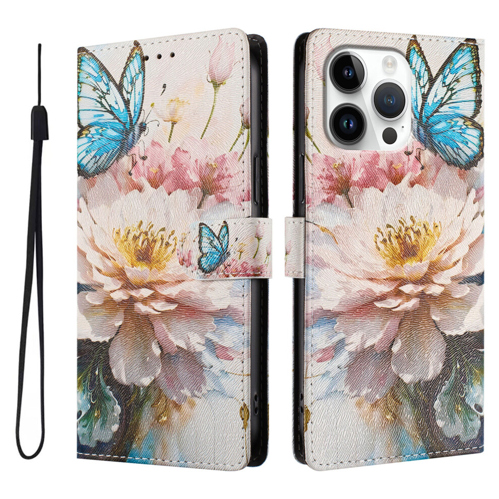 (Butterfly / Flower) For Iphone 16 Pro Max Case Pattern Print Pu Leather Wallet Phone Cover With Wrist Strap 6914290563708