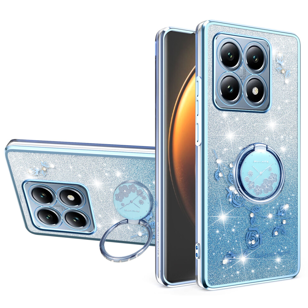 (Blue) Kadem For Xiaomi 15T Case Ring Kickstand Tpu Flowers Phone Cover Gradient Glitter Blue 6914298518502