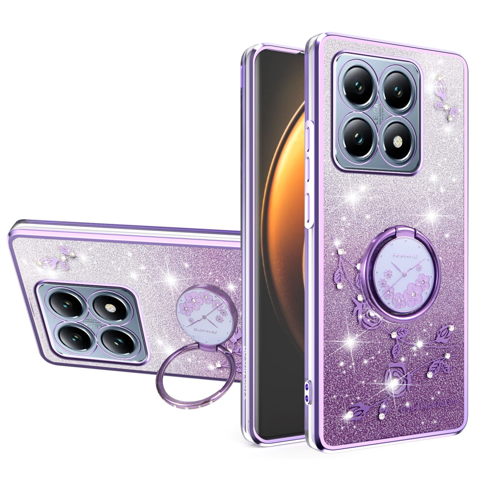 (Purple) Kadem For Xiaomi 15T Case Ring Kickstand Tpu Flowers Phone Cover Gradient Glitter Purple 6914292167478