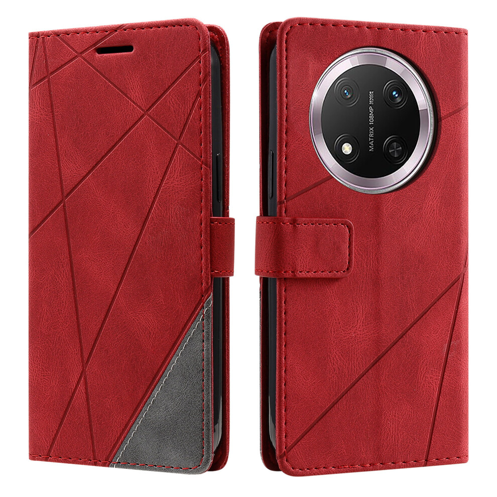(Red) Leather Case For Honor X9c 5G / Magic7 Lite 5G / X60 Pro 5G Imprinted Lines Splicing Wallet Phone Cover Red 6914297888705