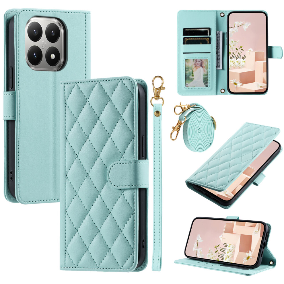 (Mint ) For Xiaomi 15T Case Wallet Rhombus Grid Pu Leather Phone Cover With Shoulder Strap / Wrist Strap Green 6914290658923