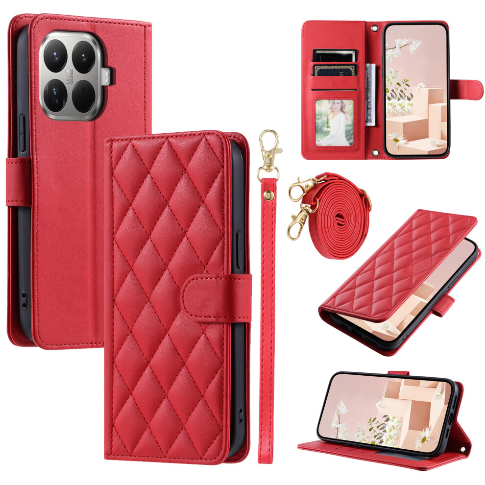 (Red) For Xiaomi 15T Pro Case Wallet Rhombus Grid Pu Leather Phone Cover With Shoulder Strap / Wrist Strap Red 6914298354063