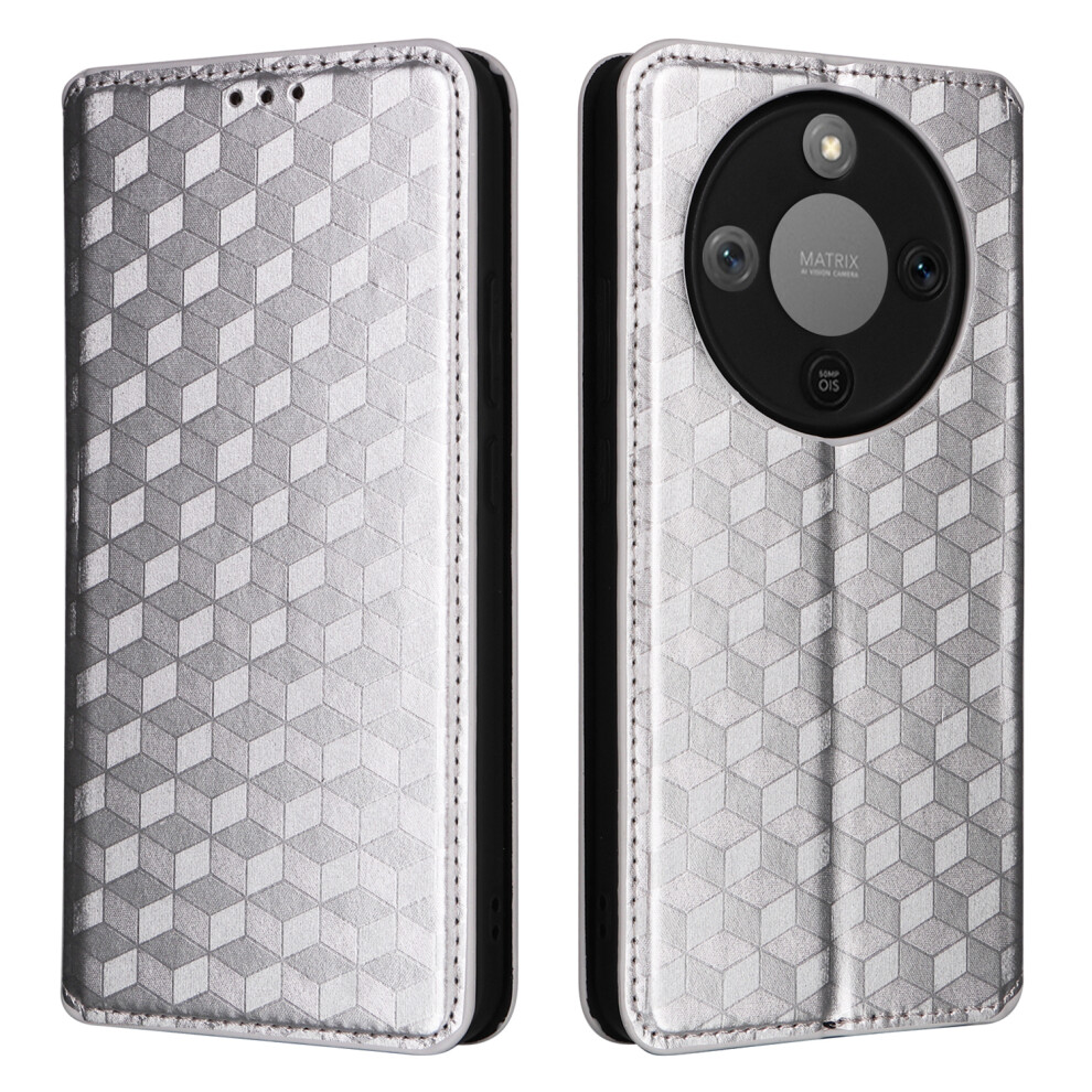 (Silver) For Honor Magic8 Lite 5G / X9d 5G / X70 5G Case Wallet Rhombus Imprinted Leather Phone Cover Silver 6914298830017
