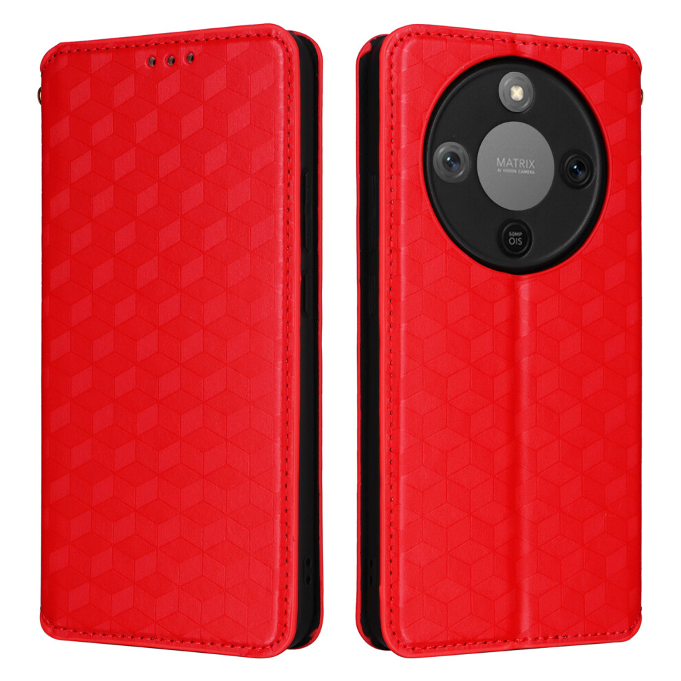 (Red) For Honor Magic8 Lite 5G / X9d 5G / X70 5G Case Wallet Rhombus Imprinted Leather Phone Cover Red 6914295568388