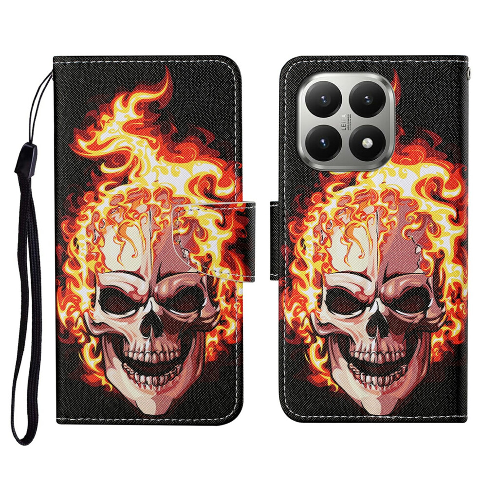 (Fire Skull) For Xiaomi 15T Case Pattern Printing Protective Leather Folio Phone Cover With Wrist Strap 6914299720829