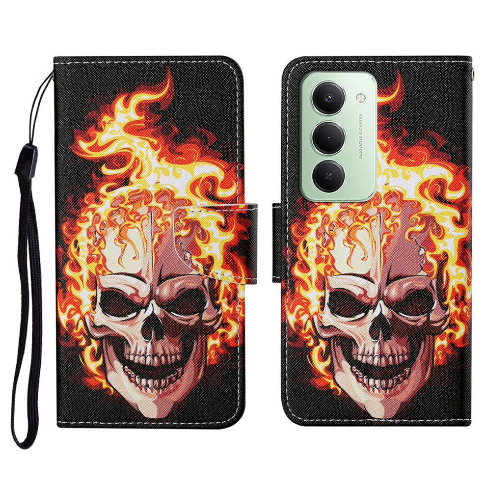 (Fire Skull) For Xiaomi Redmi 15 4G (Eu) (171Mm) Case Pattern Printing Protective Leather Folio Phone Cover With Wrist Strap 6914295267212