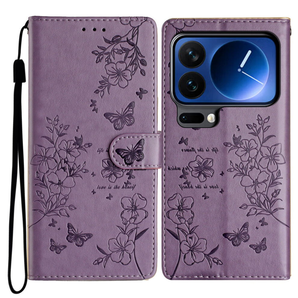 (Purple) For Xiaomi 17 Pro Wallet Phone Case Butterfly Floral Imprint Leather Flip Cover With Strap Purple 6914298860915