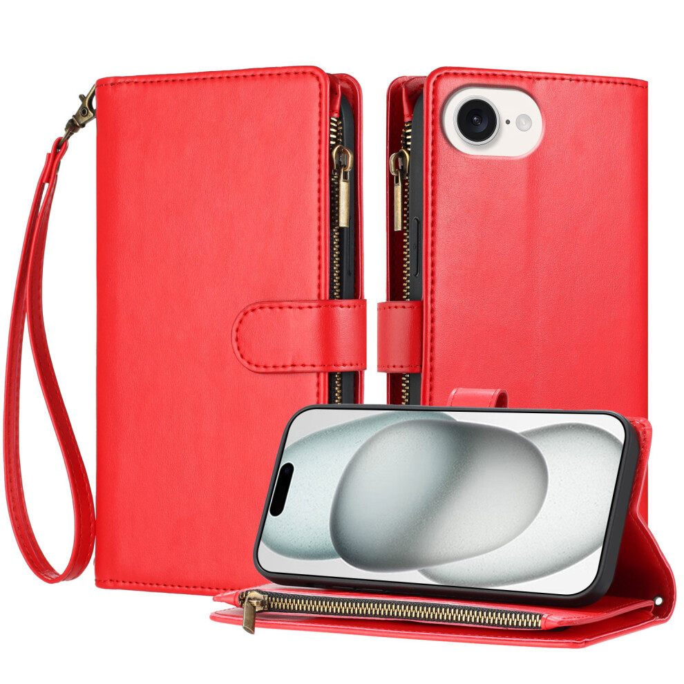 (Red) For Iphone 17E / 16E Leather Case Zipper Wallet Stand Shockproof Phone Cover With Wrist Strap Red 6914290356362